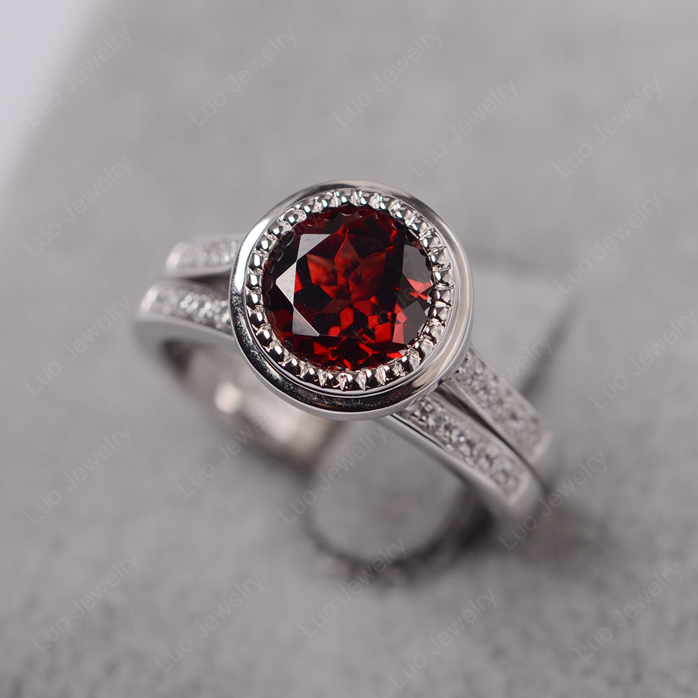 Vintage Garnet Bridal Ring Bezel Set Silver - LUO Jewelry