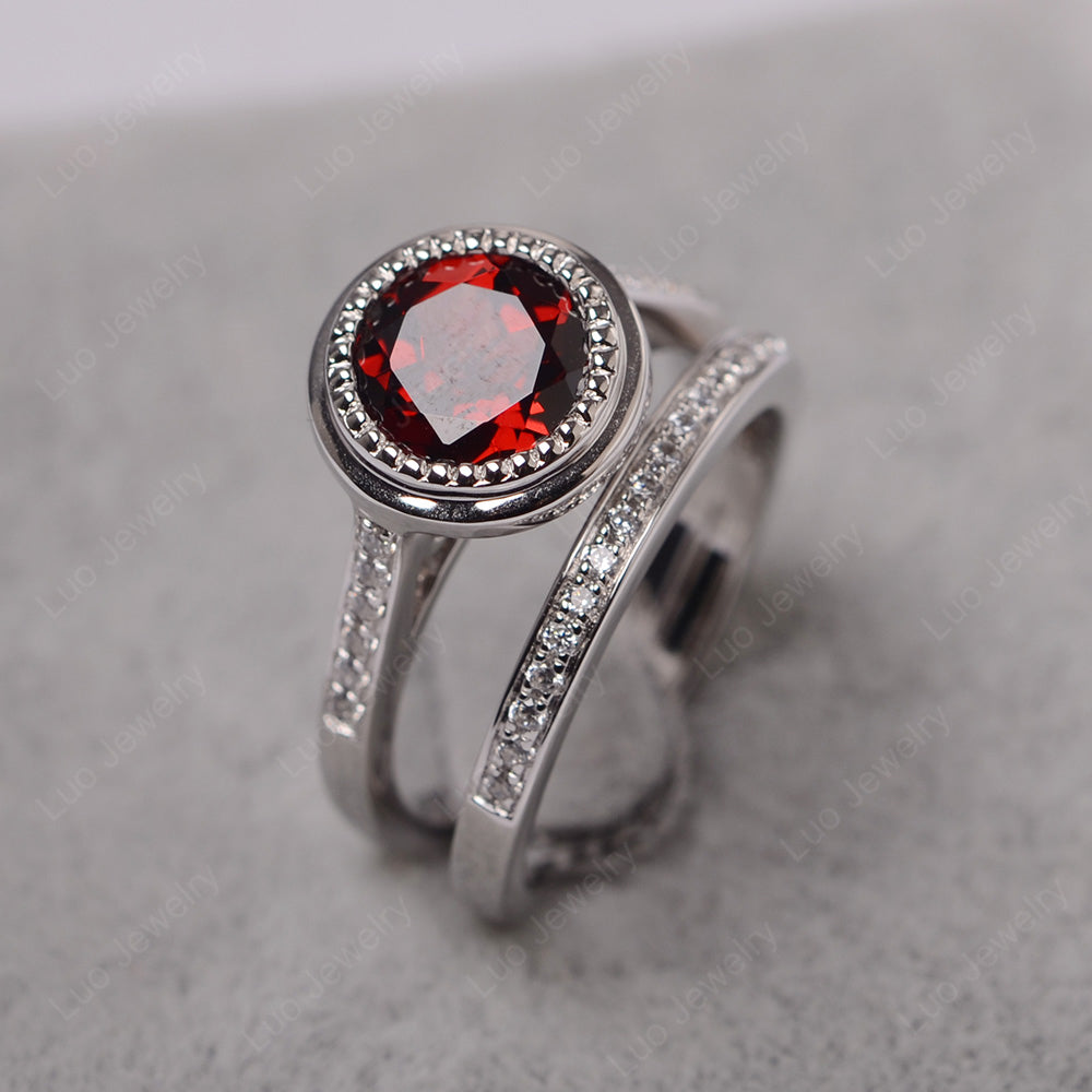 Vintage Garnet Bridal Ring Bezel Set Silver - LUO Jewelry