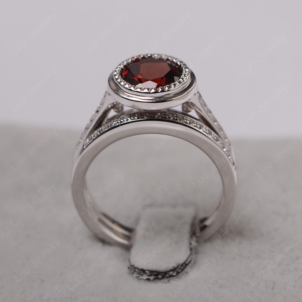 Vintage Garnet Bridal Ring Bezel Set Silver - LUO Jewelry