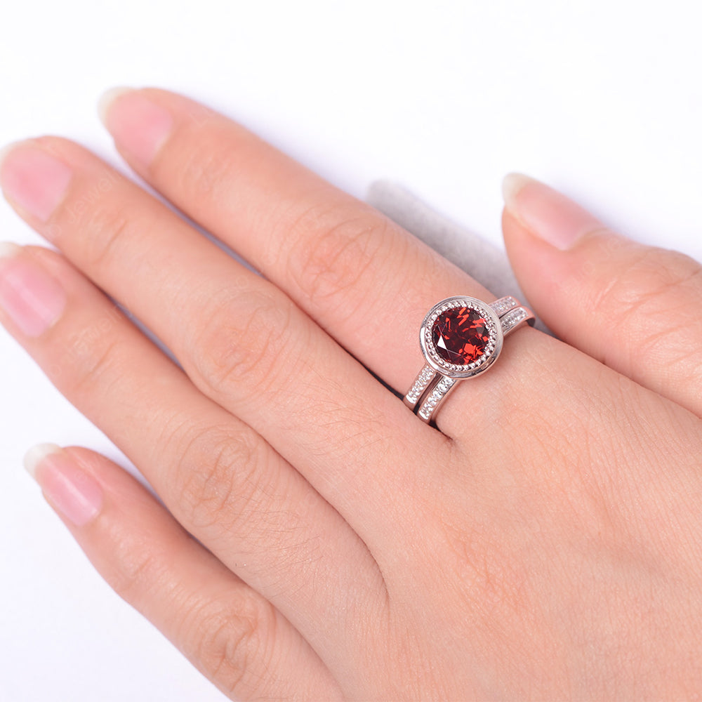 Vintage Garnet Bridal Ring Bezel Set Silver - LUO Jewelry