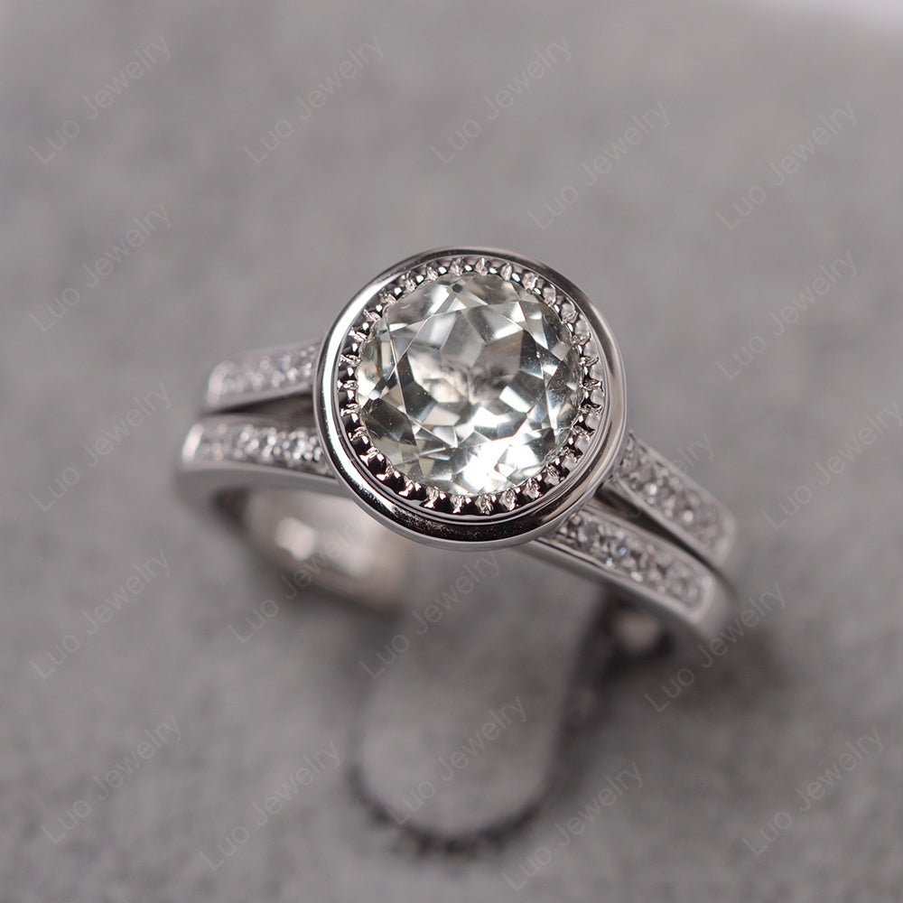 Vintage Green Amethyst Bridal Ring Bezel Set Silver - LUO Jewelry