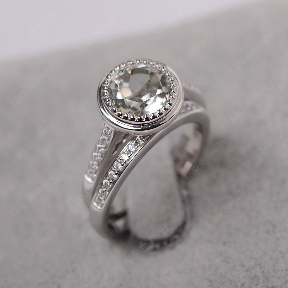 Vintage Green Amethyst Bridal Ring Bezel Set Silver - LUO Jewelry
