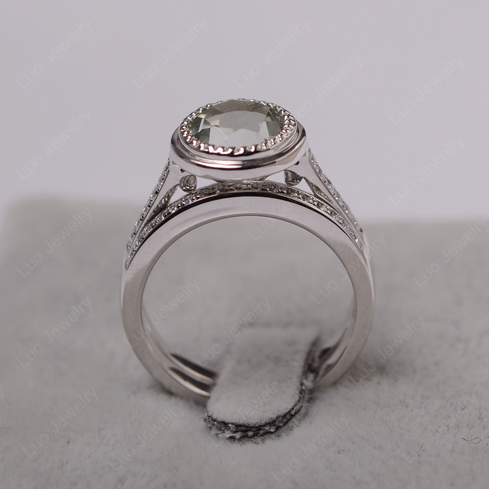 Vintage Green Amethyst Bridal Ring Bezel Set Silver - LUO Jewelry