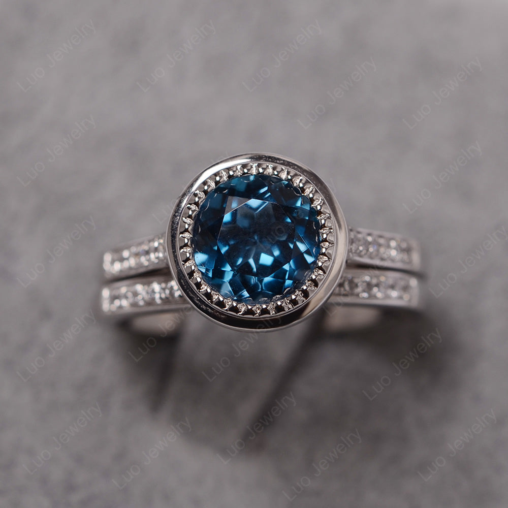 Vintage London Blue Topaz Bridal Ring Bezel Set Silver - LUO Jewelry