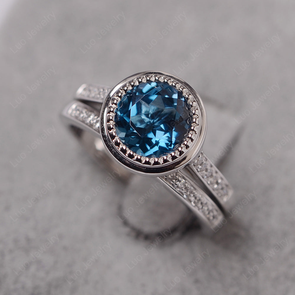 Vintage London Blue Topaz Bridal Ring Bezel Set Silver - LUO Jewelry