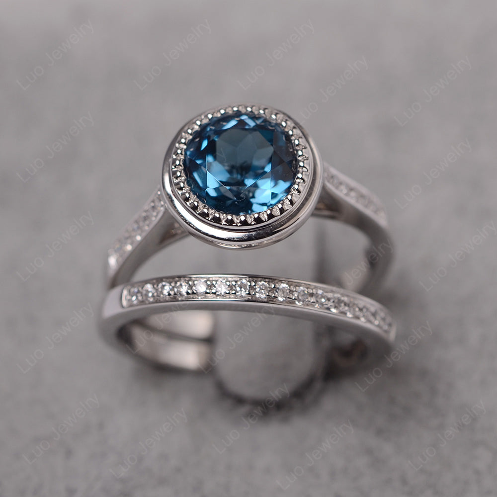 Vintage London Blue Topaz Bridal Ring Bezel Set Silver - LUO Jewelry
