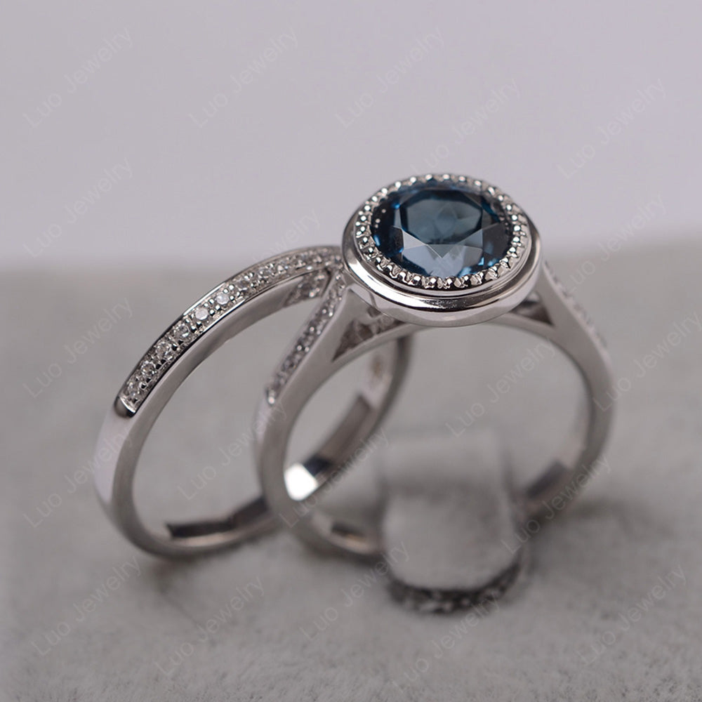 Vintage London Blue Topaz Bridal Ring Bezel Set Silver - LUO Jewelry