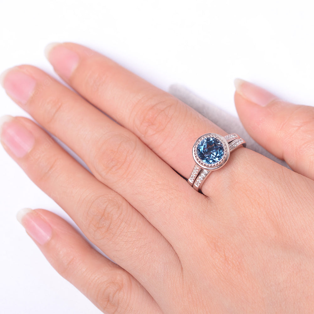 Vintage London Blue Topaz Bridal Ring Bezel Set Silver - LUO Jewelry