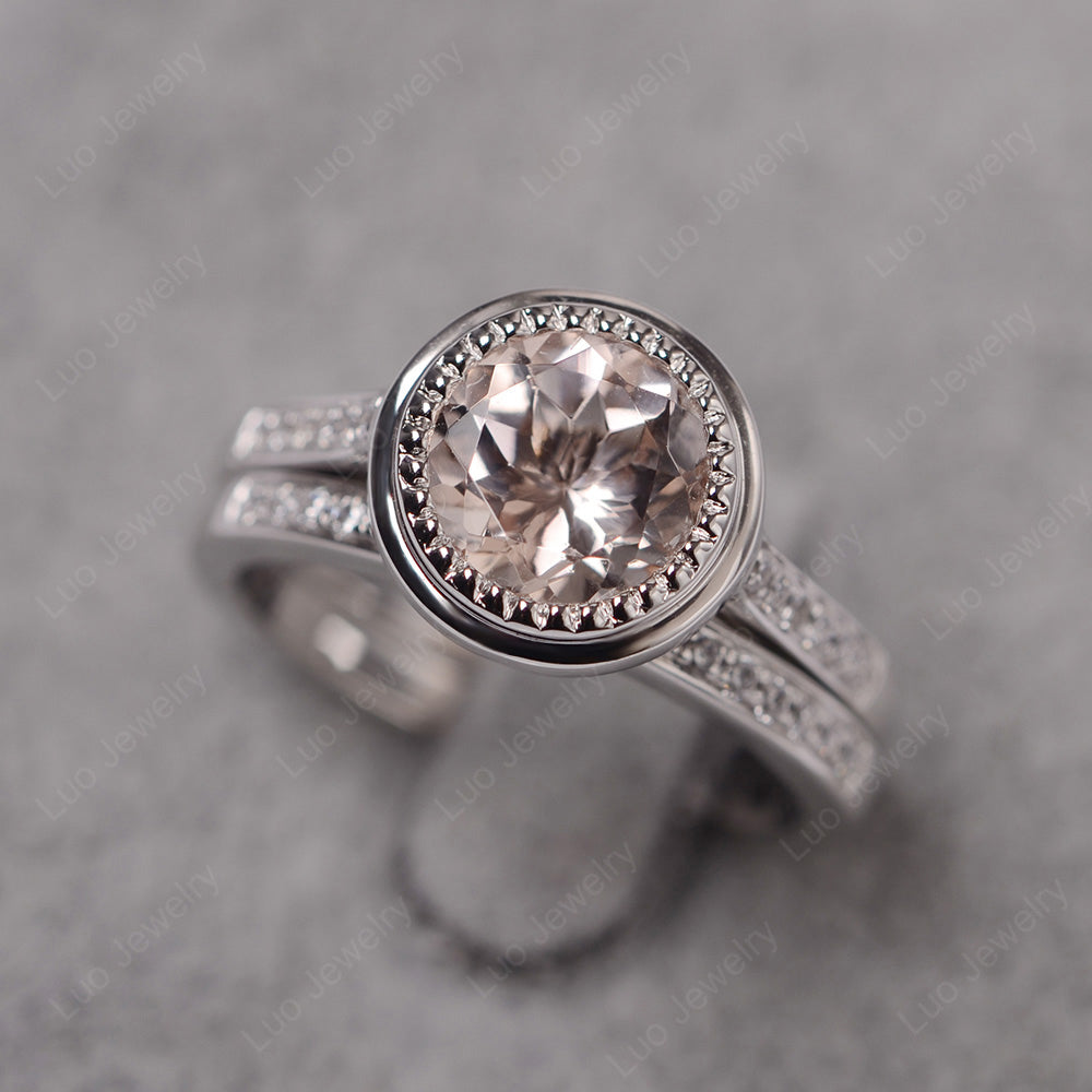 Vintage Morganite Bridal Ring Bezel Set Silver - LUO Jewelry