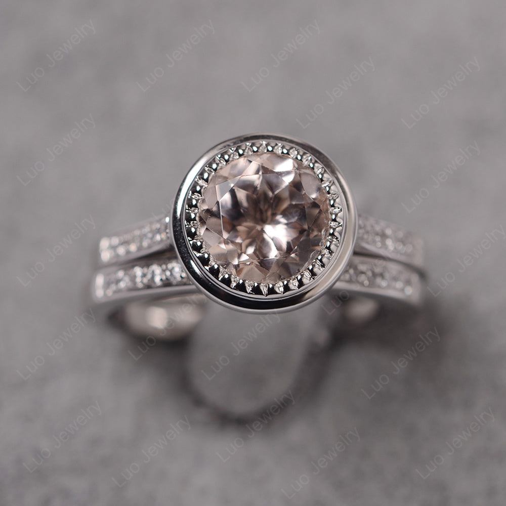 Vintage Morganite Bridal Ring Bezel Set Silver - LUO Jewelry