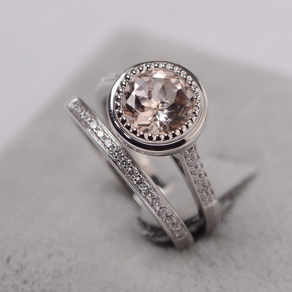 Vintage Morganite Bridal Ring Bezel Set Silver - LUO Jewelry
