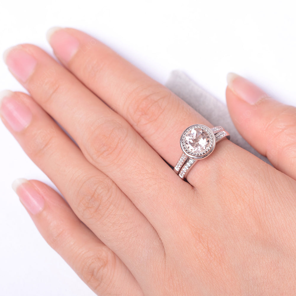 Vintage Morganite Bridal Ring Bezel Set Silver - LUO Jewelry