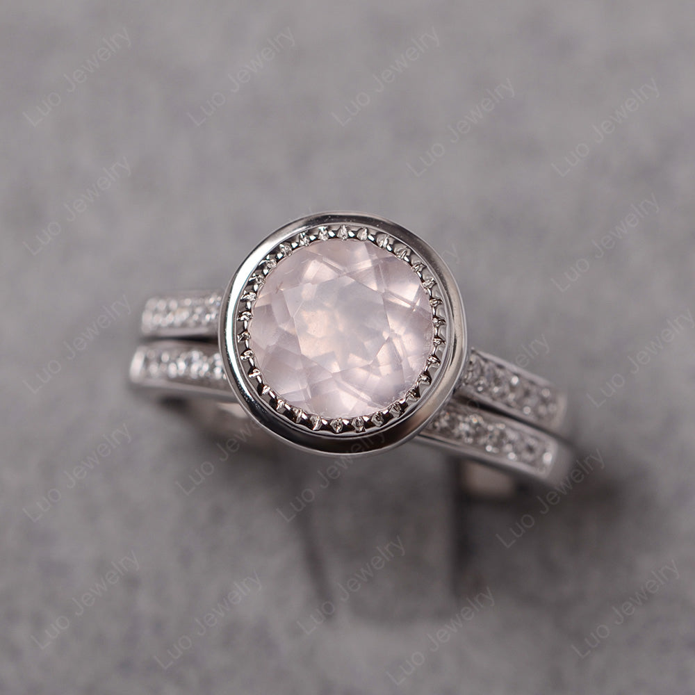Vintage Rose Quartz Bridal Ring Bezel Set Silver - LUO Jewelry