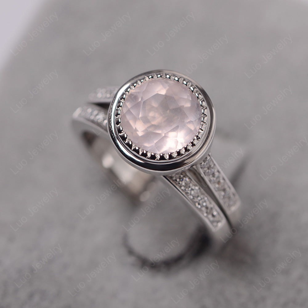 Vintage Rose Quartz Bridal Ring Bezel Set Silver - LUO Jewelry