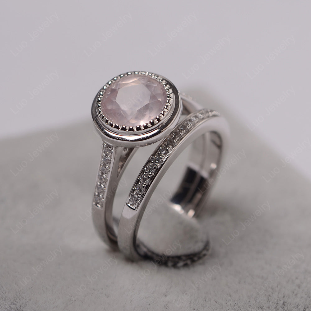 Vintage Rose Quartz Bridal Ring Bezel Set Silver - LUO Jewelry