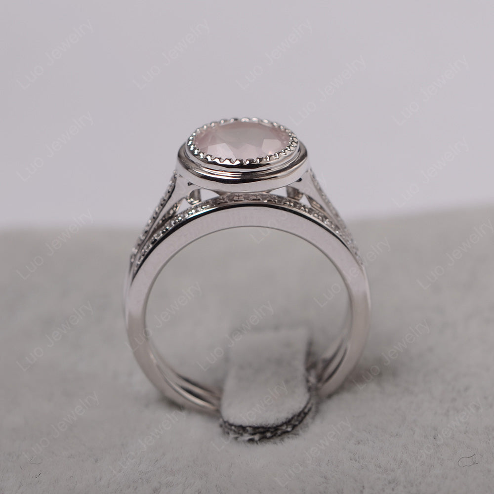 Vintage Rose Quartz Bridal Ring Bezel Set Silver - LUO Jewelry