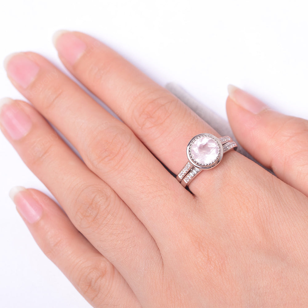 Vintage Rose Quartz Bridal Ring Bezel Set Silver - LUO Jewelry