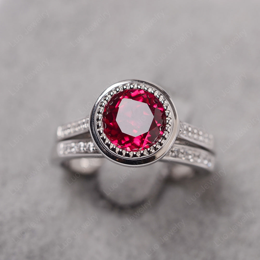 Vintage Ruby Bridal Ring Bezel Set Silver - LUO Jewelry