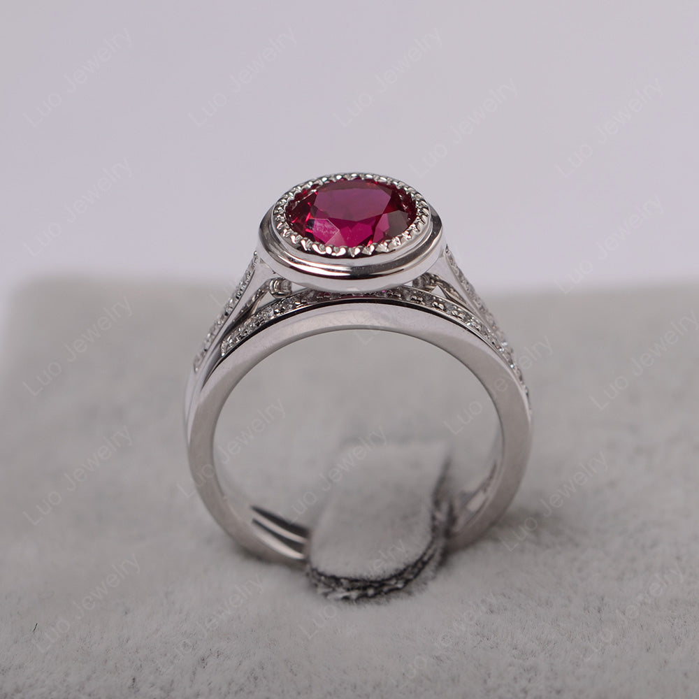 Vintage Ruby Bridal Ring Bezel Set Silver - LUO Jewelry