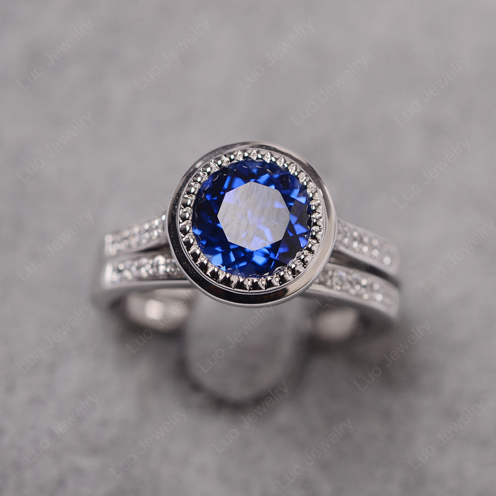 Vintage Lab Sapphire Bridal Ring Bezel Set Silver - LUO Jewelry