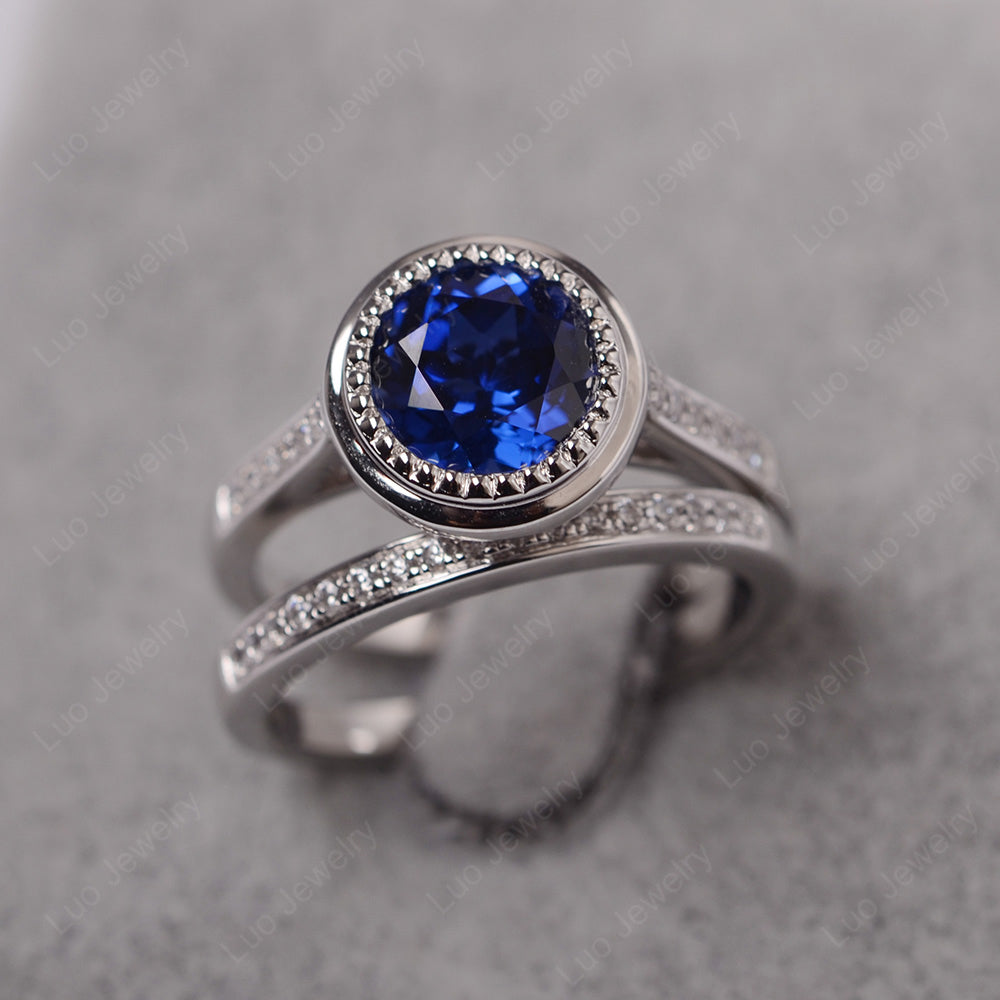 Vintage Lab Sapphire Bridal Ring Bezel Set Silver - LUO Jewelry