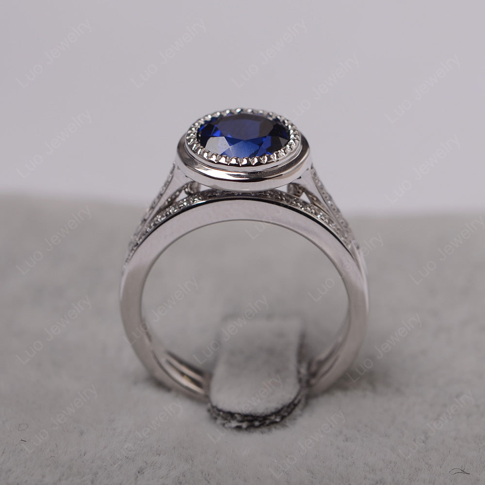 Vintage Lab Sapphire Bridal Ring Bezel Set Silver - LUO Jewelry