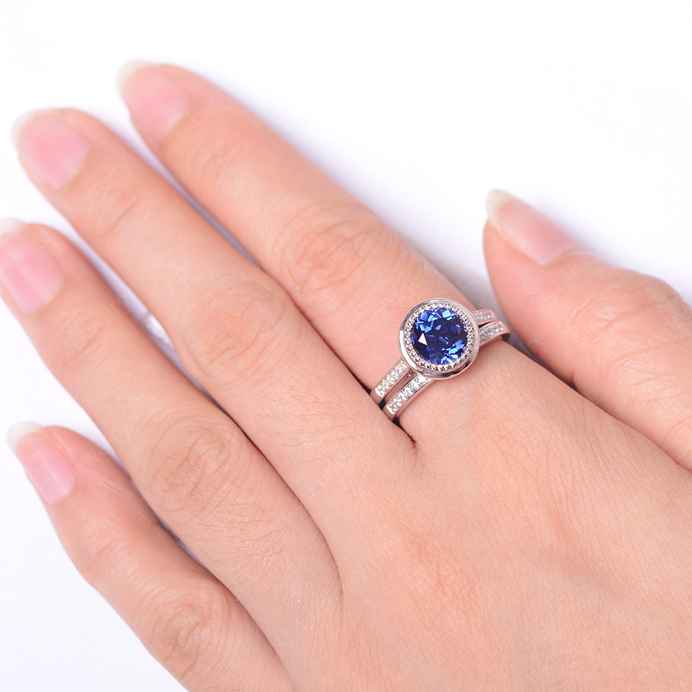 Vintage Lab Sapphire Bridal Ring Bezel Set Silver - LUO Jewelry