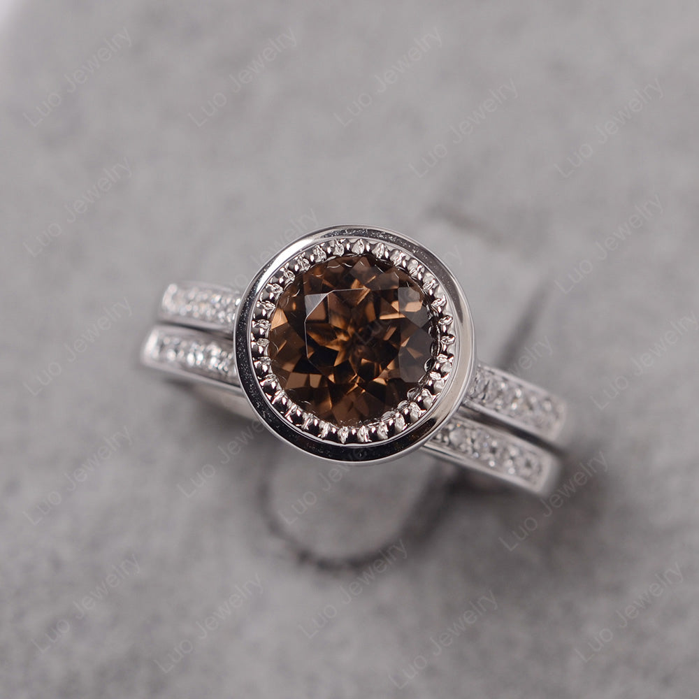 Vintage Smoky Quartz  Bridal Ring Bezel Set Silver - LUO Jewelry