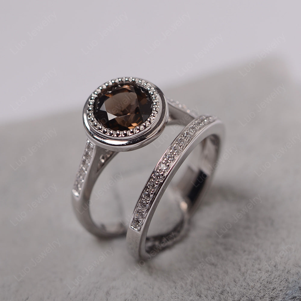 Vintage Smoky Quartz  Bridal Ring Bezel Set Silver - LUO Jewelry