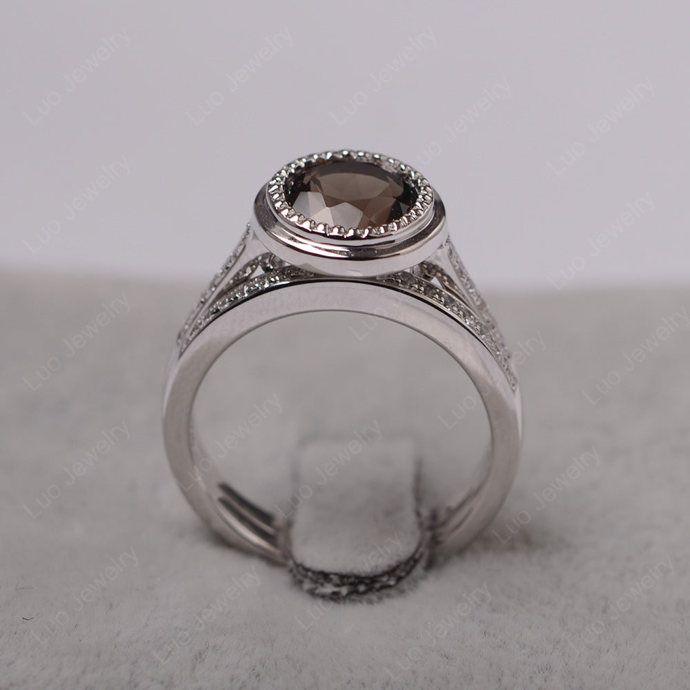 Vintage Smoky Quartz  Bridal Ring Bezel Set Silver - LUO Jewelry