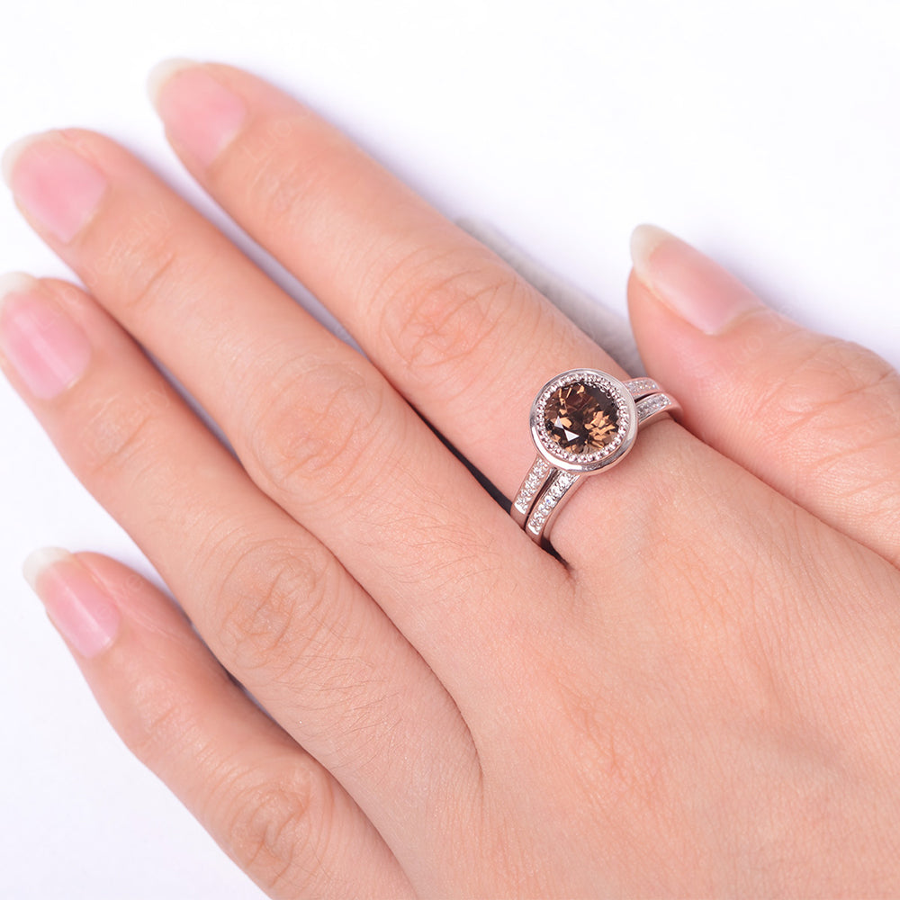 Vintage Smoky Quartz  Bridal Ring Bezel Set Silver - LUO Jewelry