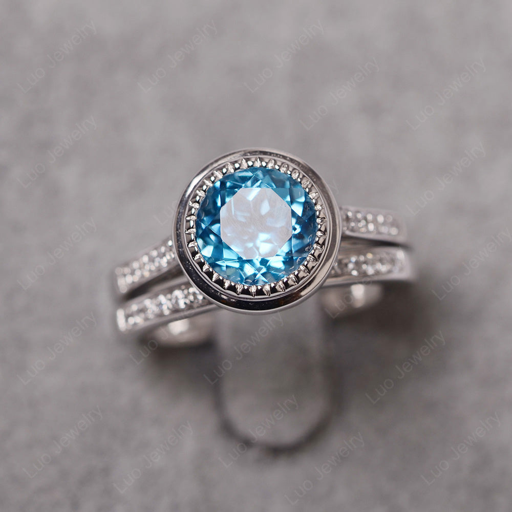 Vintage Swiss Blue Topaz Bridal Ring Bezel Set Silver - LUO Jewelry