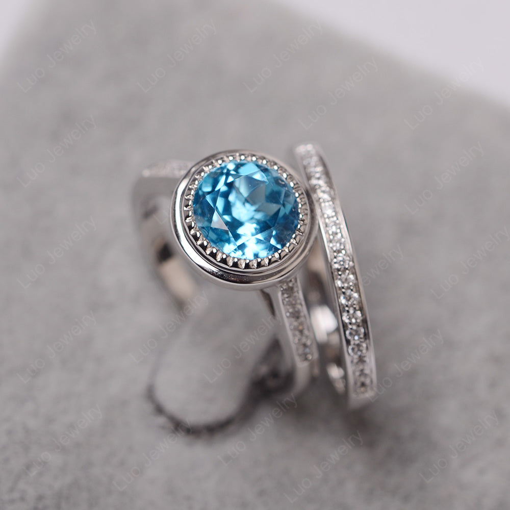 Vintage Swiss Blue Topaz Bridal Ring Bezel Set Silver - LUO Jewelry