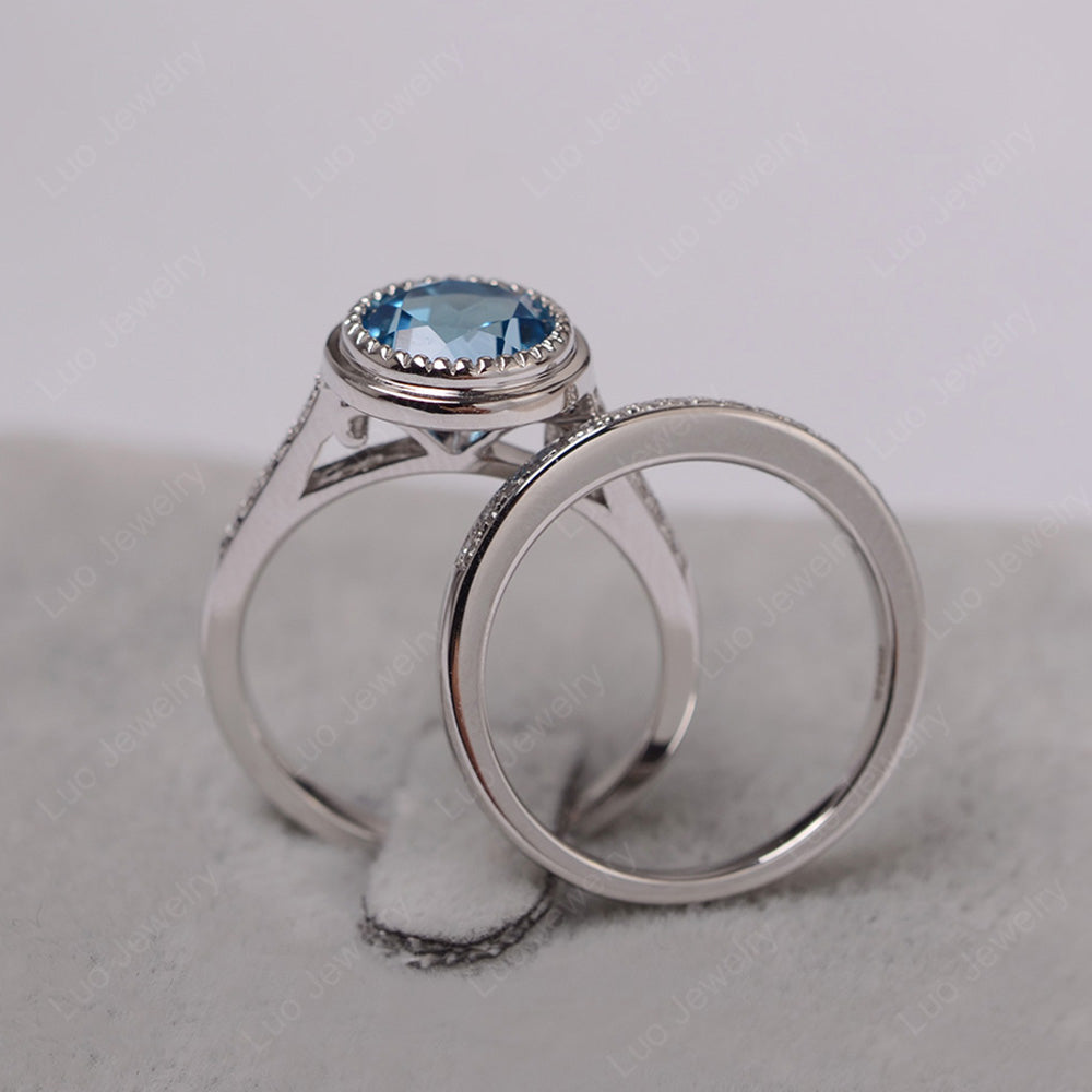 Vintage Swiss Blue Topaz Bridal Ring Bezel Set Silver - LUO Jewelry