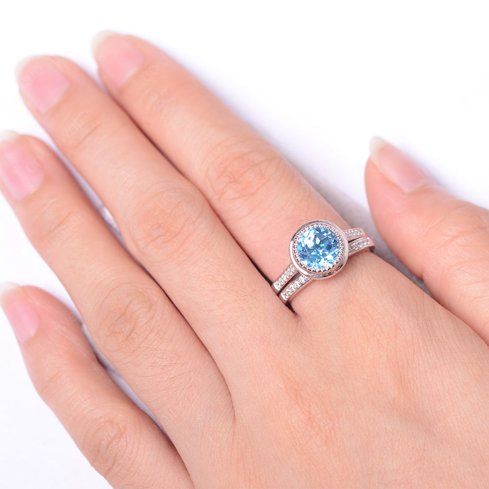 Vintage Swiss Blue Topaz Bridal Ring Bezel Set Silver - LUO Jewelry