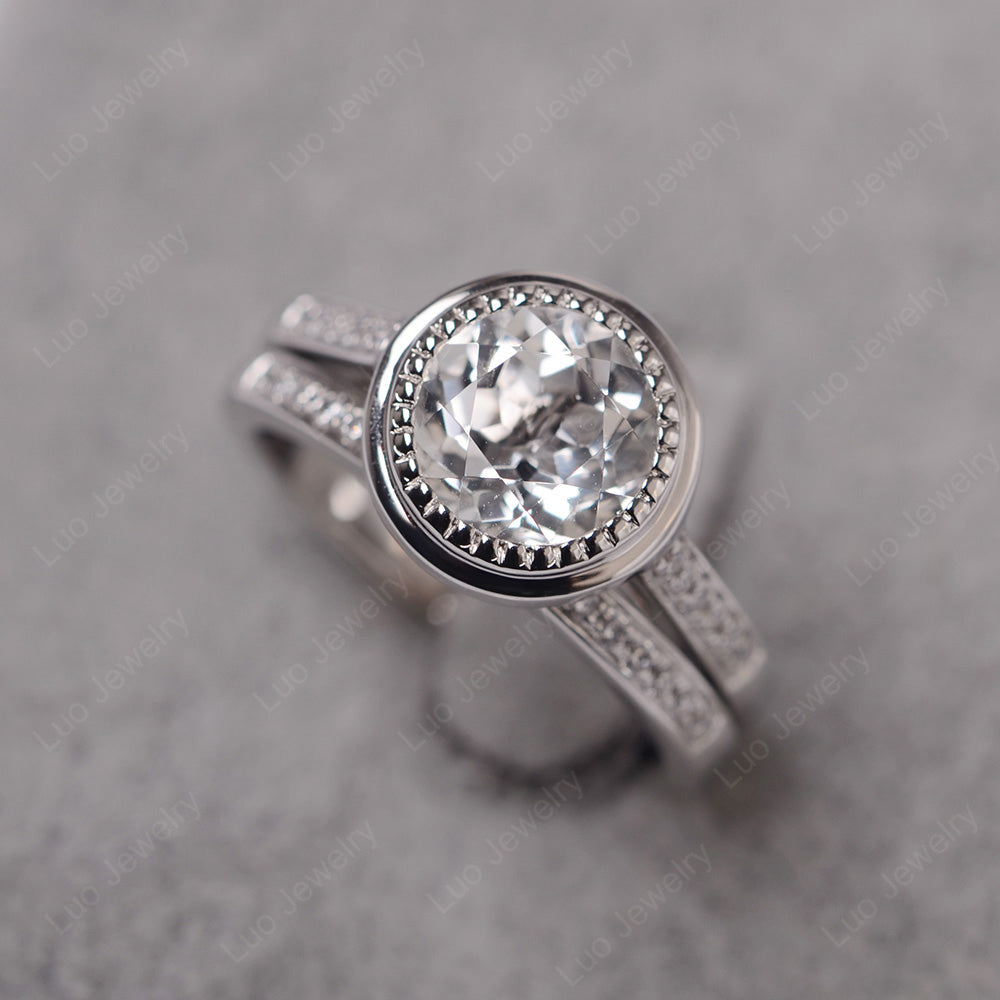 Vintage White Topaz Bridal Ring Bezel Set Silver - LUO Jewelry