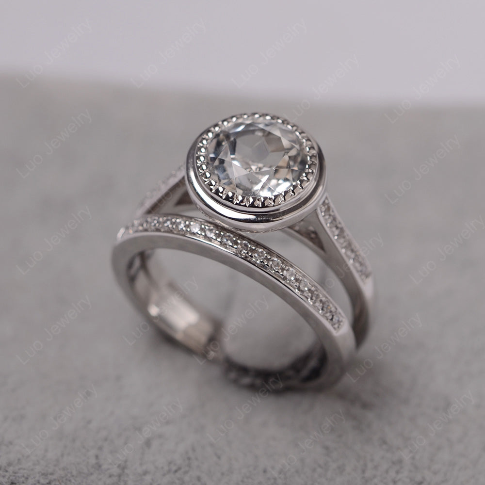 Vintage White Topaz Bridal Ring Bezel Set Silver - LUO Jewelry