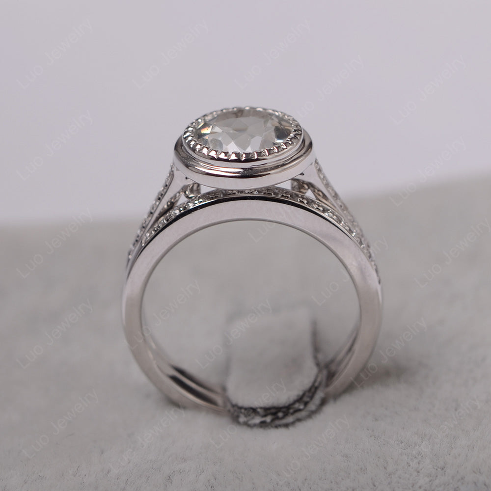 Vintage White Topaz Bridal Ring Bezel Set Silver - LUO Jewelry