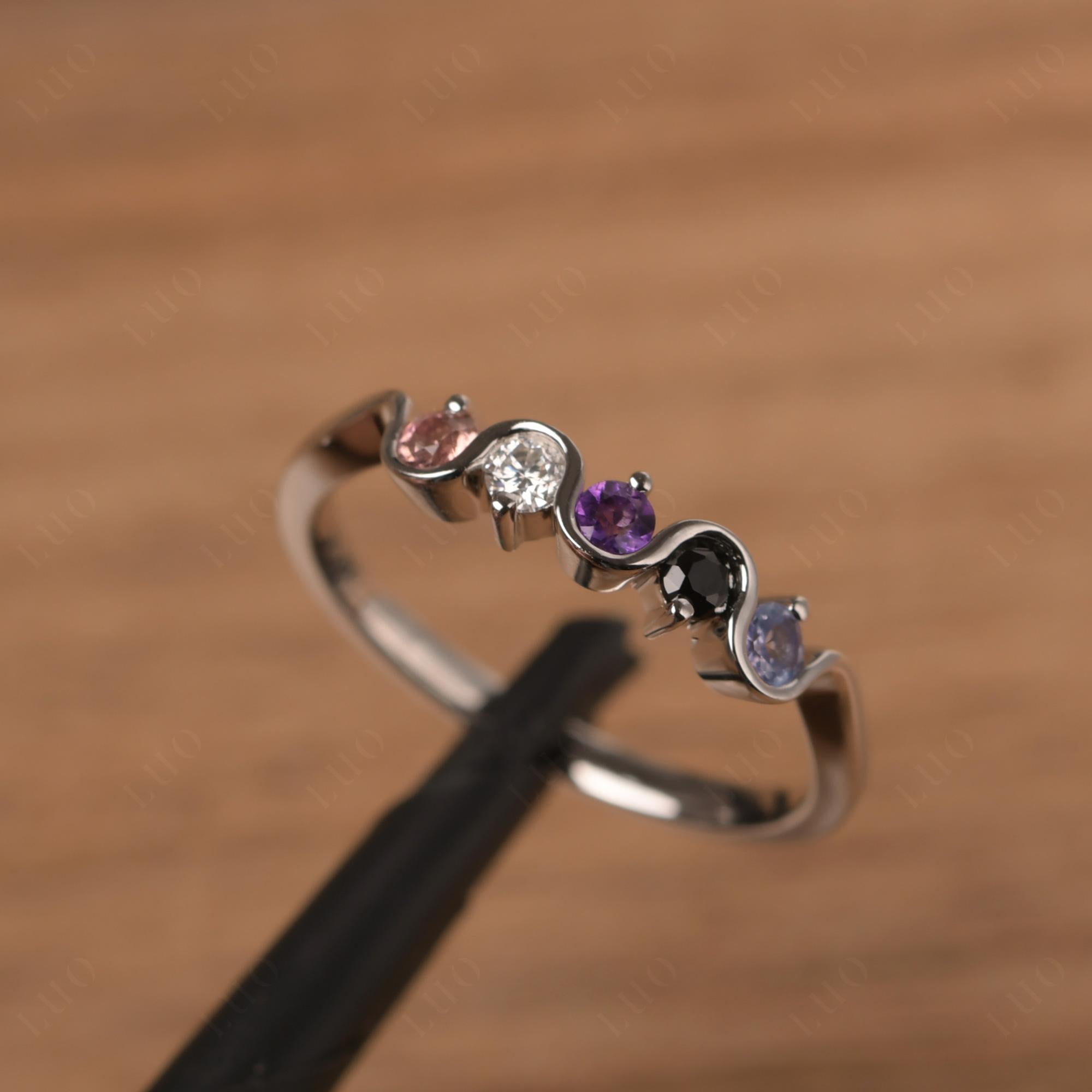 Amethyst and Black Spinel and Moissanite and Tanzanite and Tourmaline Band Ring - LUO Jewelry