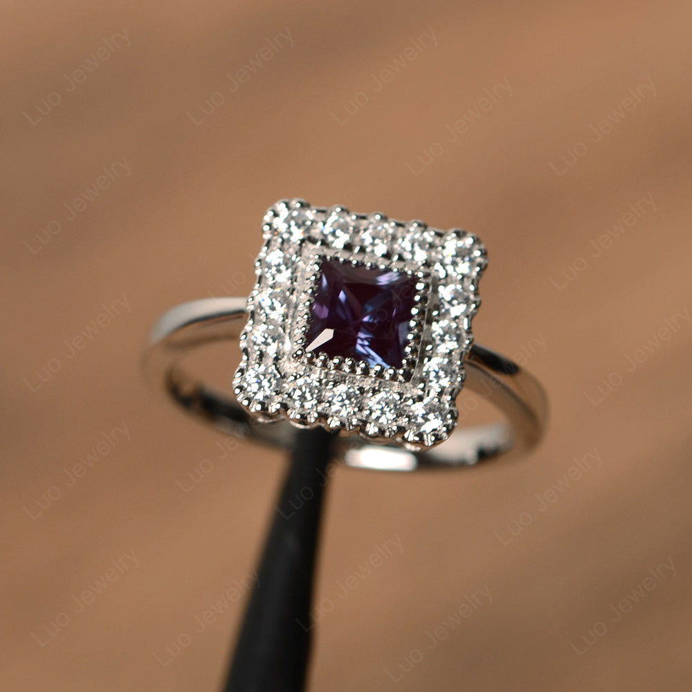 Princess Cut Bezel Alexandrite Halo Ring Silver - LUO Jewelry