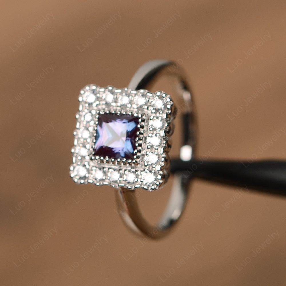 Princess Cut Bezel Alexandrite Halo Ring Silver - LUO Jewelry