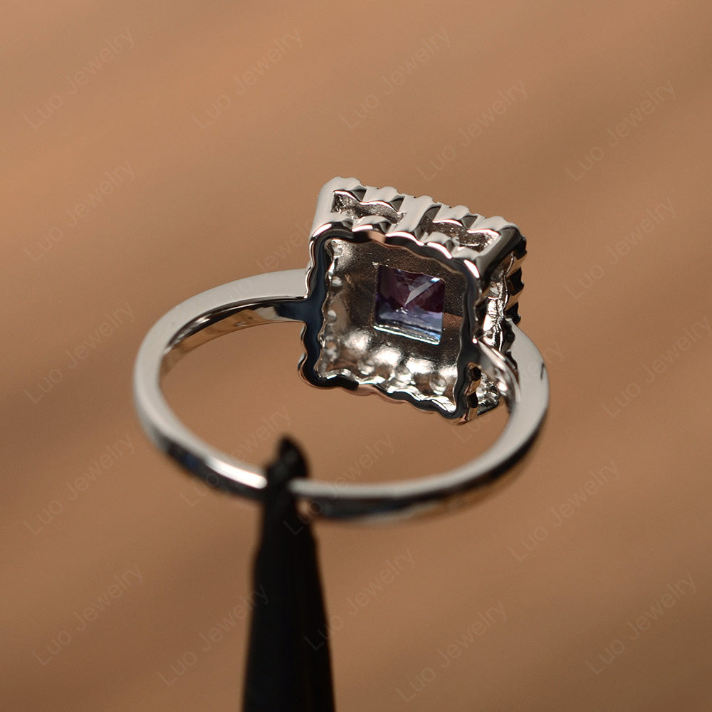 Princess Cut Bezel Alexandrite Halo Ring Silver - LUO Jewelry