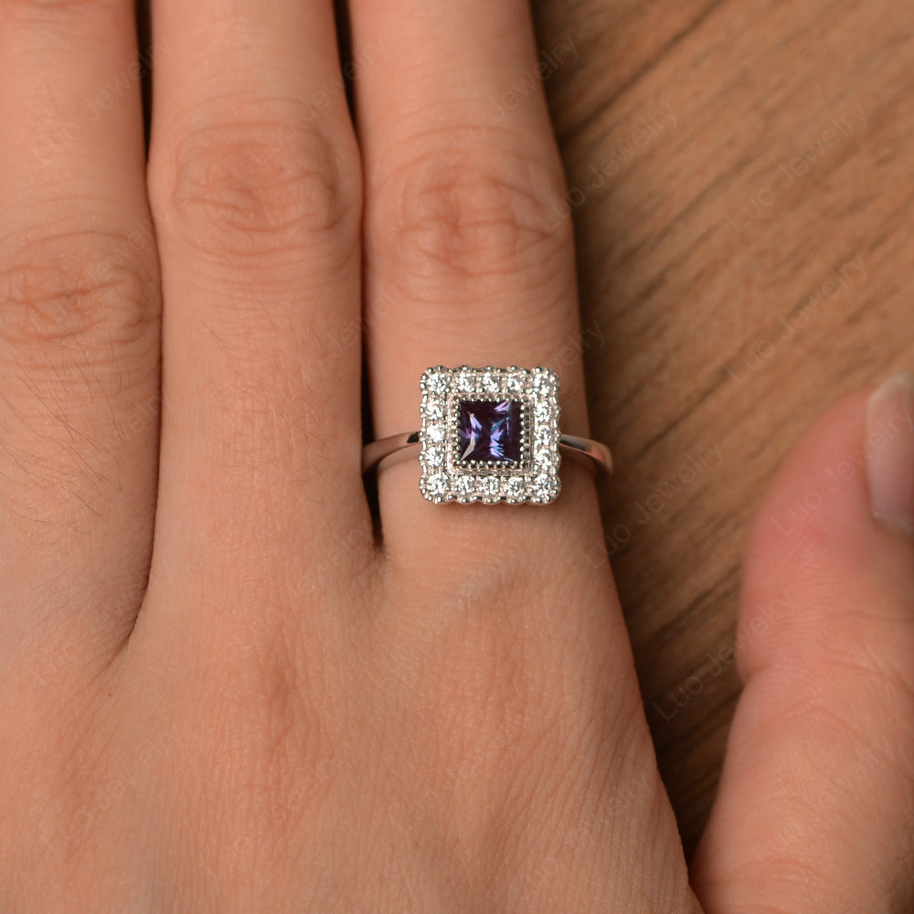 Princess Cut Bezel Alexandrite Halo Ring Silver - LUO Jewelry