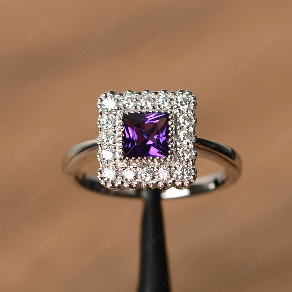 Princess Cut Bezel Amethyst Halo Ring Silver - LUO Jewelry