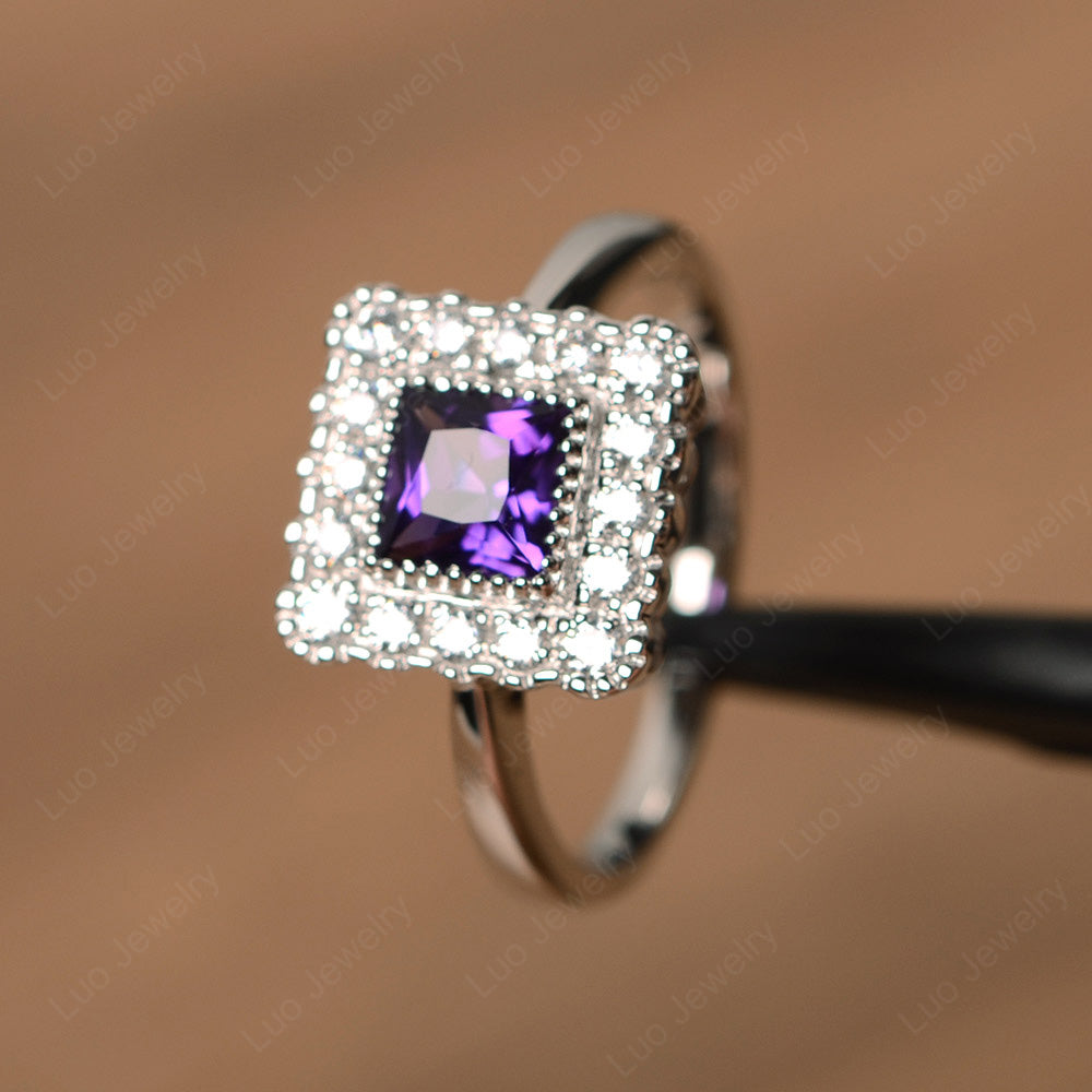 Princess Cut Bezel Amethyst Halo Ring Silver - LUO Jewelry