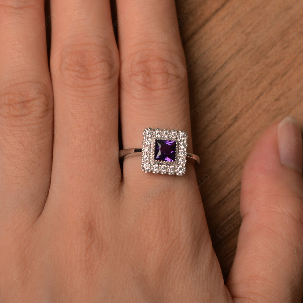 Princess Cut Bezel Amethyst Halo Ring Silver - LUO Jewelry