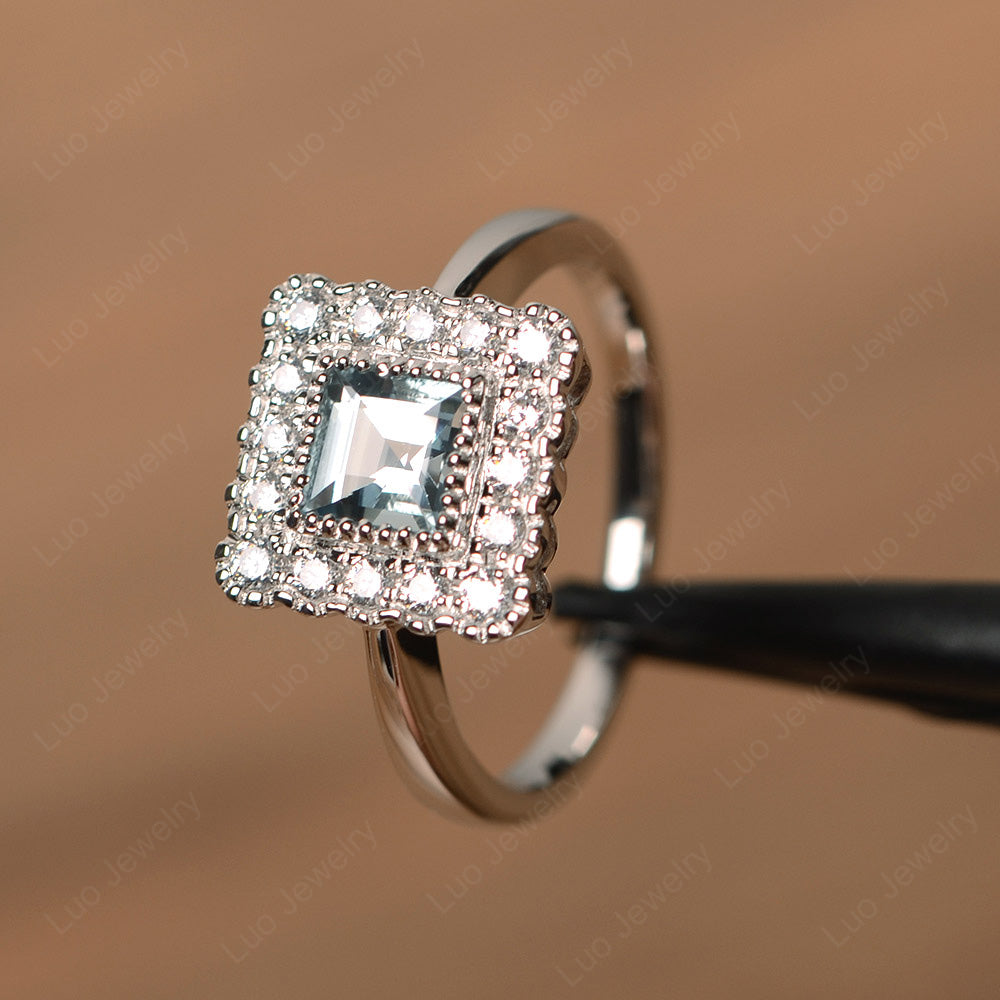 Square Cut Bezel Aquamarine Halo Ring Silver - LUO Jewelry
