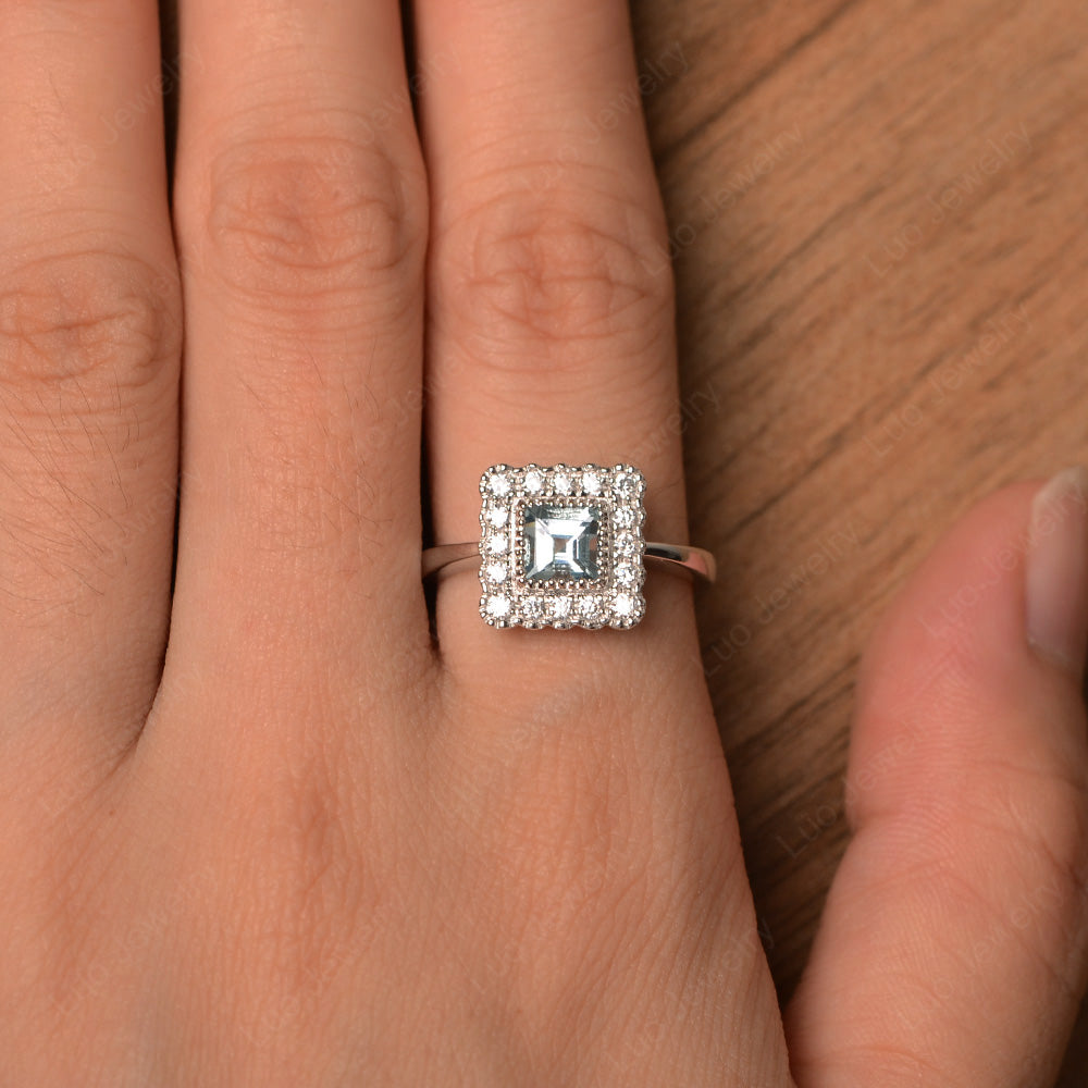 Square Cut Bezel Aquamarine Halo Ring Silver - LUO Jewelry