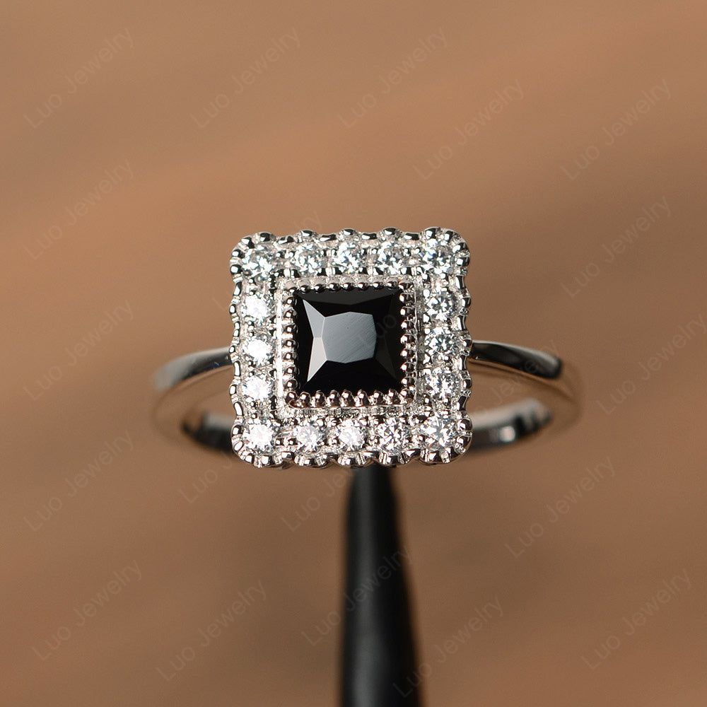 Princess Cut Bezel Black Spinel Halo Ring Silver - LUO Jewelry