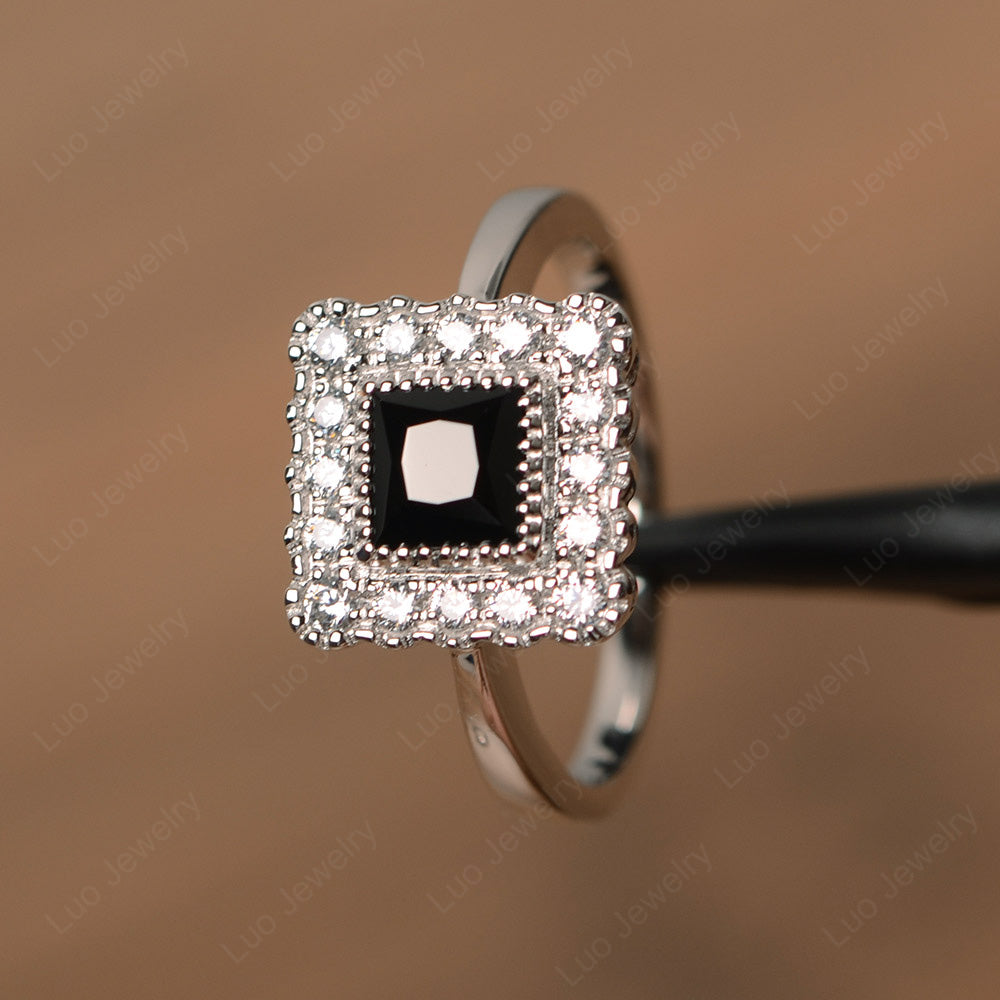 Princess Cut Bezel Black Spinel Halo Ring Silver - LUO Jewelry